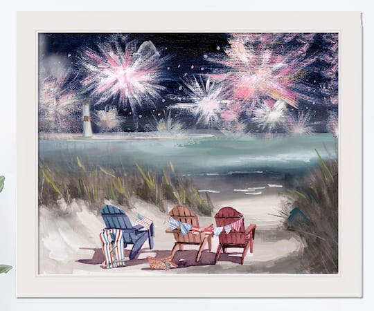 Beach Fireworks White Framed Print Under Plexiglass
